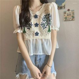 Women's Blouses Women Summer Chiffon Puff Short Sleeve Blouse Hollow Crochet Knit Embroidery Floral Tree Loose Shirts V-Neck Casual Ruffle