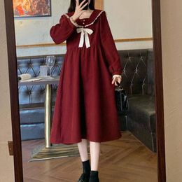 Casual Dresses Size 6XL 150KG Winter Dress For Women Long Sleeve Loose Vintage Dresses Ladies Casual Large Bow Neck Red Black Sweet Dresses 230316