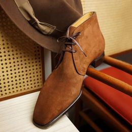 Cowboy Boots for Men Coffee Brown Flock Lace Up Business Shoes for Men with Free Shipping Ankle Boots