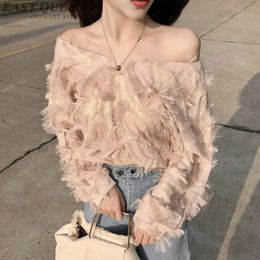 Women's Blouses & Shirts Off Shoulder Top Femme Sexy Tops Casual Long Sleeves Knitted Tassel Vestidos Slash Neck Women Clothes Streetwear La