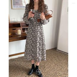 Casual Dresses Vintage Floral Print Spring Long Dress Women Korean V-Neck Single Breasted Part Sleeve Lace Up Elegant Office