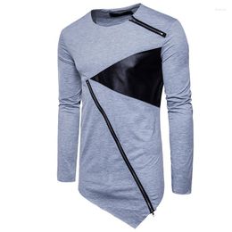 Men's T Shirts 2023 Autumn And Winter Outfit Hip Hop O-Neck High Street Inclined Hem Fashion PU Patchwork Long-sleeved Zipper