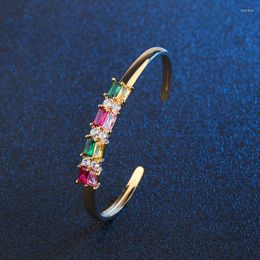 Bangle Luxury Colourful Geometry CZ Bangles Gold Colour Copper Green Crystal Glass Stone Trendy Open Bracelet Women Sweet Jewellery