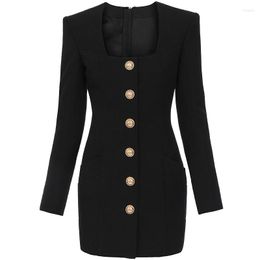 Casual Dresses Fall Fashion Solid Color Square Collar Single Row Golden Buttons Long Sleeve Slim Zipper Pocket Short Woman Dress