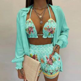 Women's Two Piece Pants Summer beach 3pcs Set women Cardigan blouse Tops Shorts set Lady casual Lanter sleeve Loose short pants Suits leaf print sets 230316