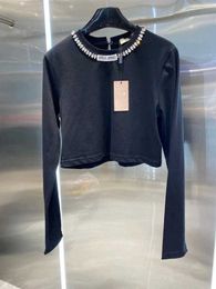 Womens T-Shirt designer short t-shirt spring new crystal necklace collar letter sticker decoration waist long sleeve top