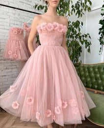 Romantic Pink A Line Prom Dresses Long for Women Strapless Handmade Flowers Beaded Pleats Draped Party Dress Formal Birthday Pageant Celebrity Evening Gown Custom