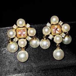 Dangle Earrings & Chandelier Fashion Pearl Jewellery Unique Geometric Design Pink Zircon Gold Piercing For Women Wedding Luxury Statement Gift