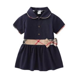 Girl's Dresses Baby Girls Princess Dresses With Bowknot Cotton Kids Turn-Down Collar Short Sleeve Dress Cute Girl Plaid Skirt Children Clothes Age 1-6 Years