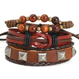 Rope Leather Handmade Braided Multilayer Wooden Beaded Charm Bracelets Set Adjustable Bangle Decor Jewellery