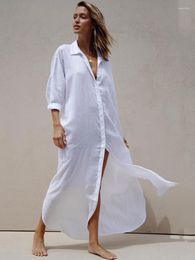 Women's Swimwear Women Beach Dresses White Shirts Tunic Summer Loose Swimsuit Cover Up Long Sleeve Beachwear
