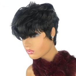 200density Natural Short Bob Pixie Cut Wig For Black Women Wavy Coloured Human Hair With Bangs Glueless Brazilian Hair