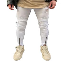 Men's Jeans 2023 Mens Ripped Pleated White Skinny Ankle Zipper Denim Destoryed Pencil Pants Hip Hop Holes For Men Biker