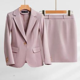 Women's Suits Blazers Lenshin Wholesale 2 Piece Set High Quality Pink Skirt Suit Single Button Blazer Office Lady Formal Women Business Wear 230316