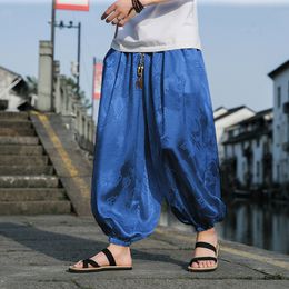 Men's Pants Ice Silk Dragon Pattern Dark Flower Men's Beach Bloomers Retro Casual Wide-leg Pants Harajuku Fashion Hip-hop Jogging Pants 230316