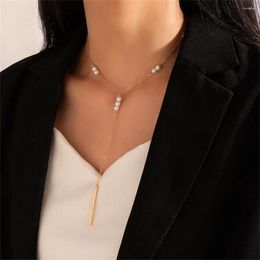 Pendant Necklaces Vintage Fashion Metal Strip Tassel Necklace For Women Female Gold Color Simple Faux Pearl Long Chain Geometric Jewelry