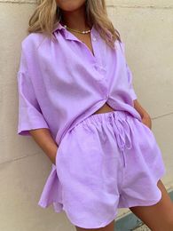 Women's Two Piece Pants Stylish Cotton Casual Women Two Piece Short Sets Summer High Waist Purple Shirt Suit Set Fashion 2 Pieces Sets 230316