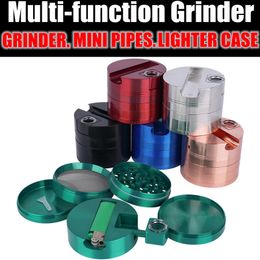 Smoking Colourful Zinc Alloy Multifunctional Dry Herb Tobacco Grind Spice Miller Grinder Removable Glass Philtre Bowl Handpipes Portable Lighter Stash Case DHL