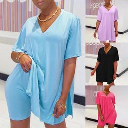 Casual Dresses Women's V-Neck Summer Pajamas Solid Color Split Shirts Sexy Tops Shorts Sets Breathable Comfort Plus Size Homewear