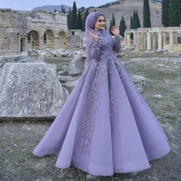 Lavender Lilac Long Sleeve Muslim Evening Dresses 2023 Gillter Applique Luxury Dubai Arabic High Neck Prom Occasion Gown