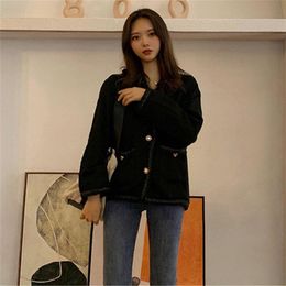 Women's Jackets Black Tweed Jacket Coat Women V-Neck Vintage Autumn Winter Wool Outwear Plus Size 4XL Single Breasted Coats Pockets Elegant