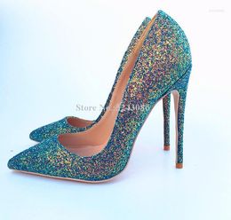 Dress Shoes Shinning Sequin Stiletto Heel Pumps Women Sexy Pointed Toe Green Colour High Lady Large Size Single Dropship