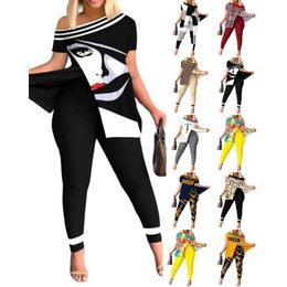 Women Clothing Tracksuits Casual Two Piece Outfits Printing Short Sleeve Pants Suit For Spring And Summer