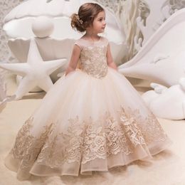 Girl Dresses Champagne Flower Applique First Community Party Prom Process Gown Bridesmaid Wedding With Train Formal Dress