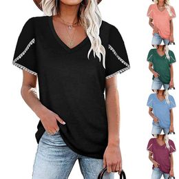 Women's T Shirts Loose T-shirts Women Jumpers Short Sleeve V-neck Tops Woman Pullovers Female Sexy Cotton Fashion Lace Cloth Undershit