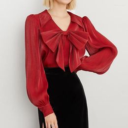 Women's Blouses Spring 2023 French Vintage Rust Deep Red V-neck Bow Shirt Gilded Gauze Draped Blouse Women Chiffon Casual Shirts