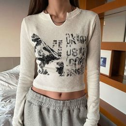 Women's T-Shirt 2000s Retro Harajuku Grunge T-shirt Graphic Print Long Sleeve Crop Top Chic Women Vintage Slim Fit Korean Fashion Tees Clothes 230316