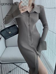 Casual Dresses Autumer Winter Knit Casual Long Sleeve Button Elegant Chic POLO Collar Slim Sweater Dress for Women Vintage Korean Fashion 230316