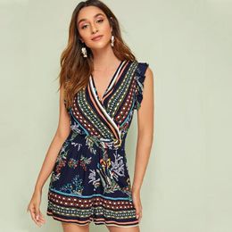 Women's Jumpsuits & Rompers Summer Bohemian Style Piaysuit Women Sexy Bodysuit V-neck Sleeveless Catsuit Ladies Jumpsuit