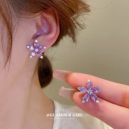 Silver Needle Zircon Flower Stud Earrings Small Fashion Design Earrings Purple Girl Heart Premium Earrings