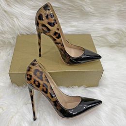 Dress Shoes Leopard Patent Leather Gradient Women's Pointed Toe Stilettos Sexy Ladies Banquet Slip-On Pumps 8cm 10cm 12cm Party