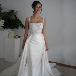 Modern Spaghetti Strap Pearl Mermaid Wedding Dresses With Detachable Train Satin Church Bridal Gown Long Train