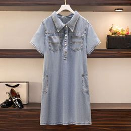 Casual Dresses 150Kg Plus Size Women's Summer Loose Vintage Polo Lapel Breasted Half Placket Workwear Denim Shirt Dress 5XL 6XL 7XL 8XL 9XL 230316