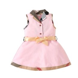 Summer Baby Girls Plaid Dresses Cotton Newborn Sleeveless Vest Dress With Bowknot Turn-Down Collar Infant Princess Dresses Toddler Skirts 0-24 Months