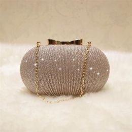 Evening Bags Golden Clutch Women Wedding Shiny Handbags Bridal Metal Bow Clutches Chain Shoulder 230316