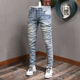 Men's Jeans Mens Classic Vintage Light Blue Ripped Jeans Men Fashion Korean Style Embroidery Straight Slim Fit Denim Pants 230316