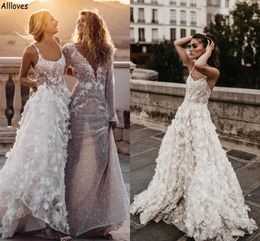 Abiti da sposa in pizzo floreale 3D con applicazioni A Line per le donne Senza spalline Abiti da sposa country bohémien Senza maniche Sexy aperto sul retro Maternità Robes de Mariee CL2018