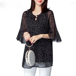 Women's Blouses Kimono 5XL Chiffon Polka Dot Blouse Women Short Sleeve Clothing Korean Fashion 2023 Front Tie Women's Tunic Shirt Tops