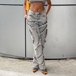 Women's Jeans Wide Leg For Women Grey Loose Pants High Waist Casual Fringe Straight Boyfriend Mom Streetwear