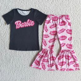 Clothing Sets Wholesale Baby Girls Boutique Children Black Short Sleeves Letter Shirt Kids Pink Bells Pants Fashion Outfit 230310