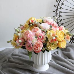 Decorative Flowers 2023 30 Cm Rose Pink Silk Bouquet Peony Fake Flower 5 Big Head 4 Small Bud Bride Wedding Home Decoration Artific