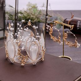 Necklace Earrings Set FORSEVEN Luxury White Feather Simulated Pearl Round Tiaras Crown For Princess Women Bridal Wedding Party