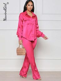 Women's Pants Capris Elegant Satin Women's Matching Sets Casual Long Sleeve Shirt Straight Pants Suit Female Loose Solid Tops Two Pieces Outfits 230316