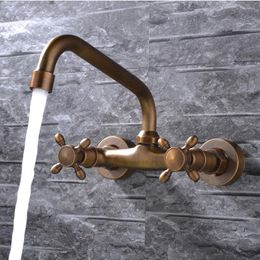 Bathroom Sink Faucets SKOWLL Antique Faucet Wall Mount Double Cross Handle Mixer Tap Two Hole Lavatory Bathtub SK-1403