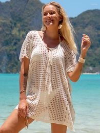 Women's Swimwear Beach Cover Ups For Women White Crochet Dress Fishnet Transparent Tunic Short Sleeve Summer Swimsuit Beachwear