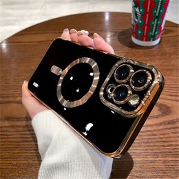 Luxury Plating Magnetic For Magsafe Wireless Charge Cases Magnetic Camera Lens Film Protection Soft TPU Shockproof Cover For iPhone 15 14 13 12 11 Pro Max